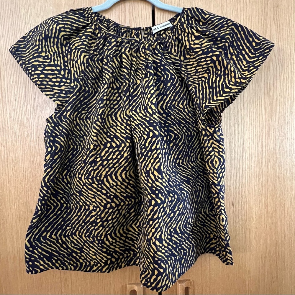 Ulla Johnson Black and Yellow Printed Short Sleeve Blouse
